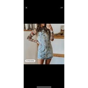 Acid Wash Denim Button Front Pinafore Dress Mini